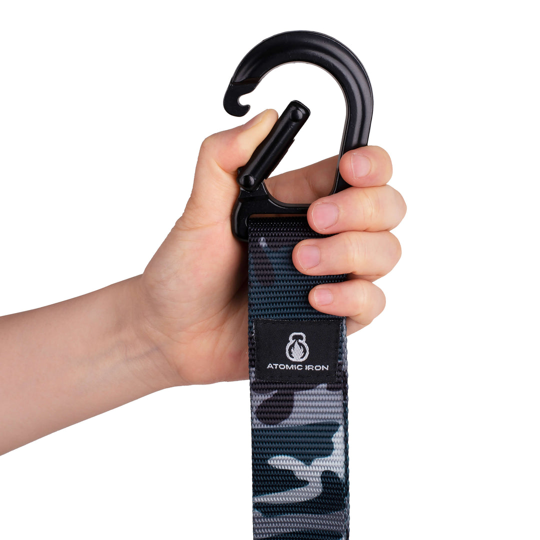 Atomic Iron outdoor rings with carabiner straps in grey camo