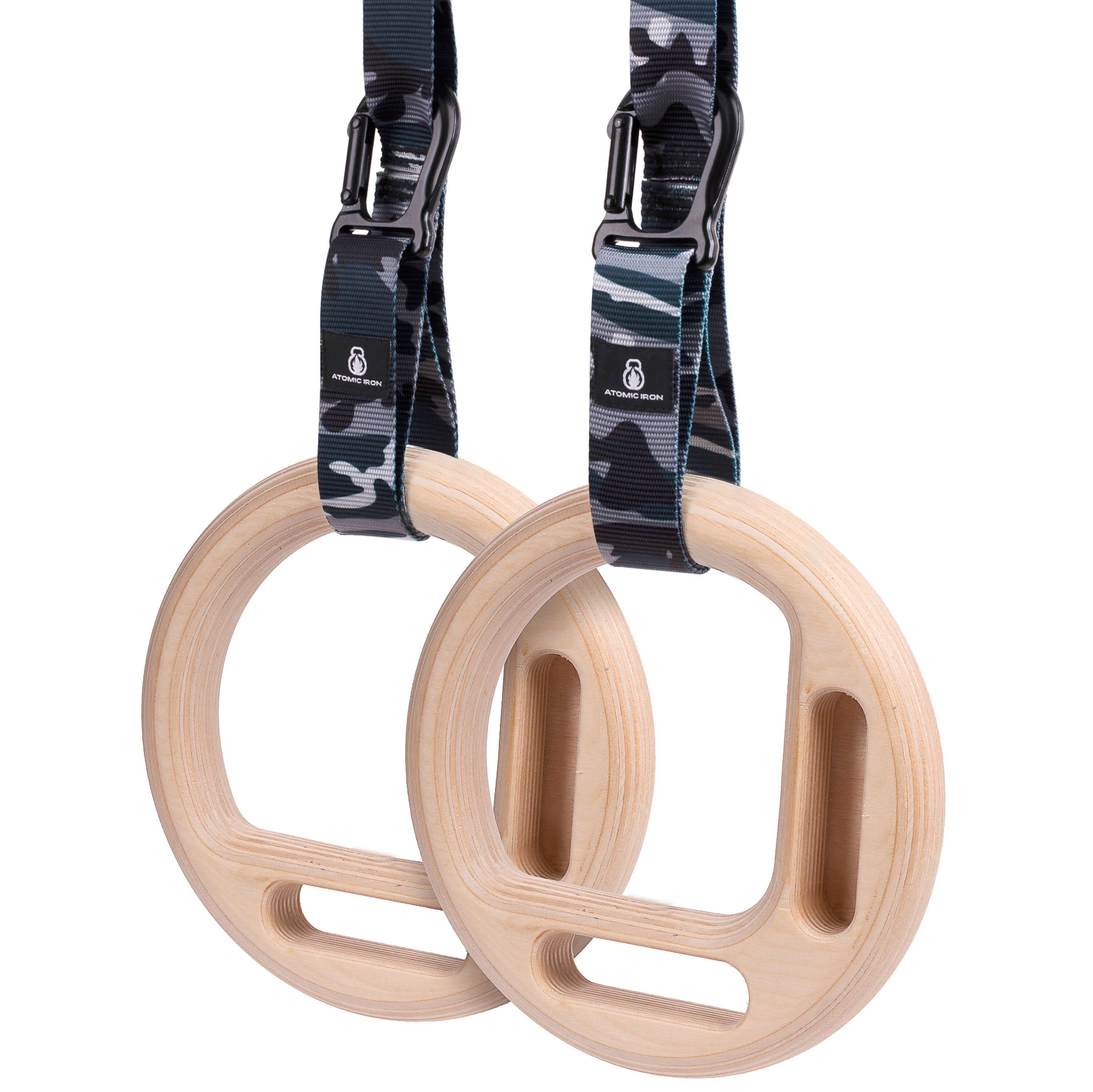 Atomic Iron Climbing rings with carabiner straps in grey camo