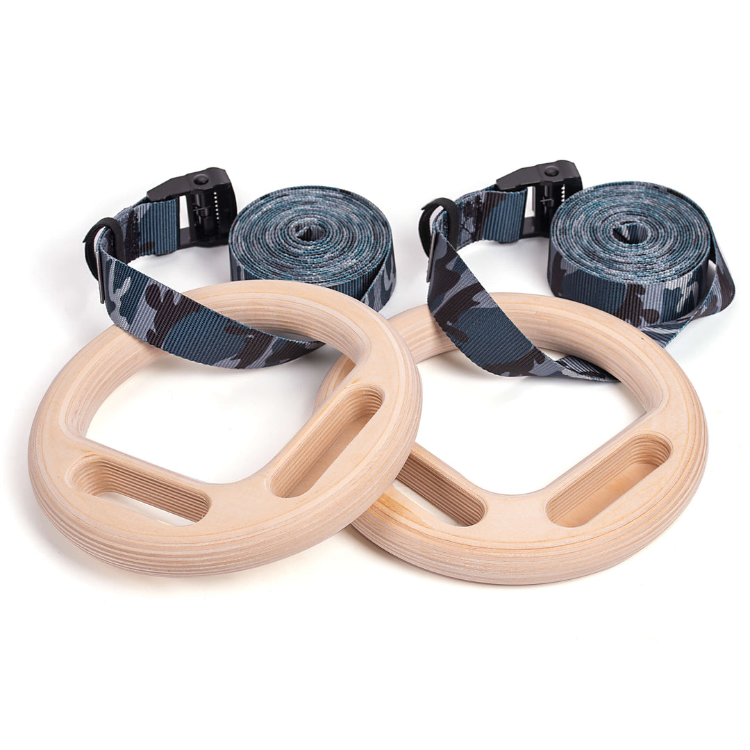 Gymnastic rings with hangboard edges and grey camo straps