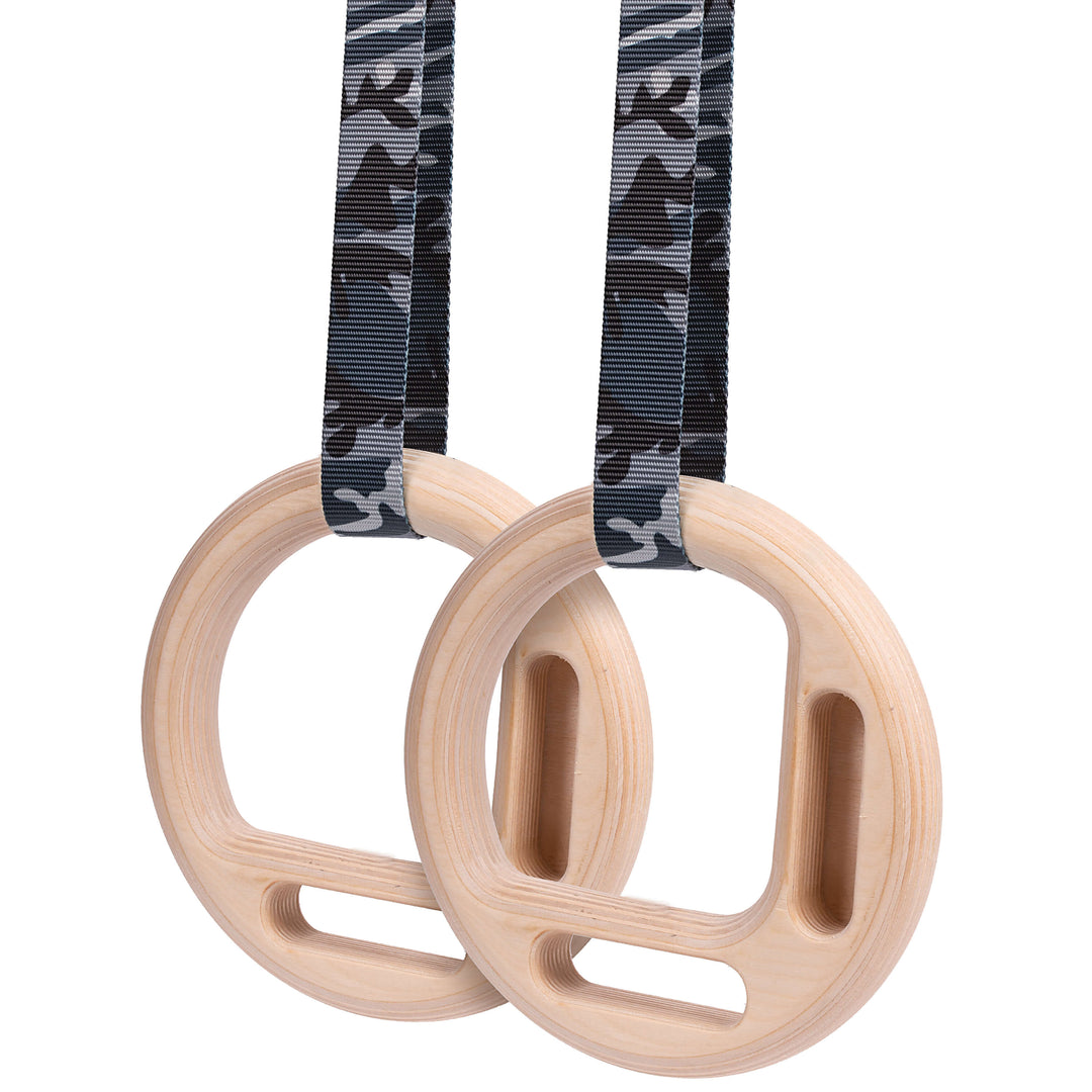 Hangboard rings with adjustable straps in grey camo by Atomic Iron