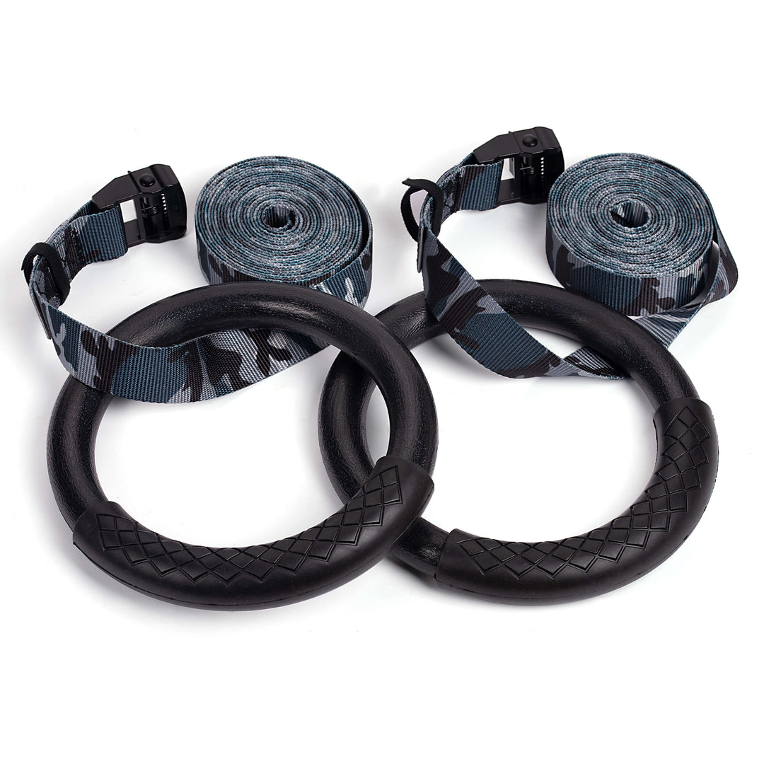 Waterproof outdoor calisthenics rings with grey camo straps by Atomic Iron