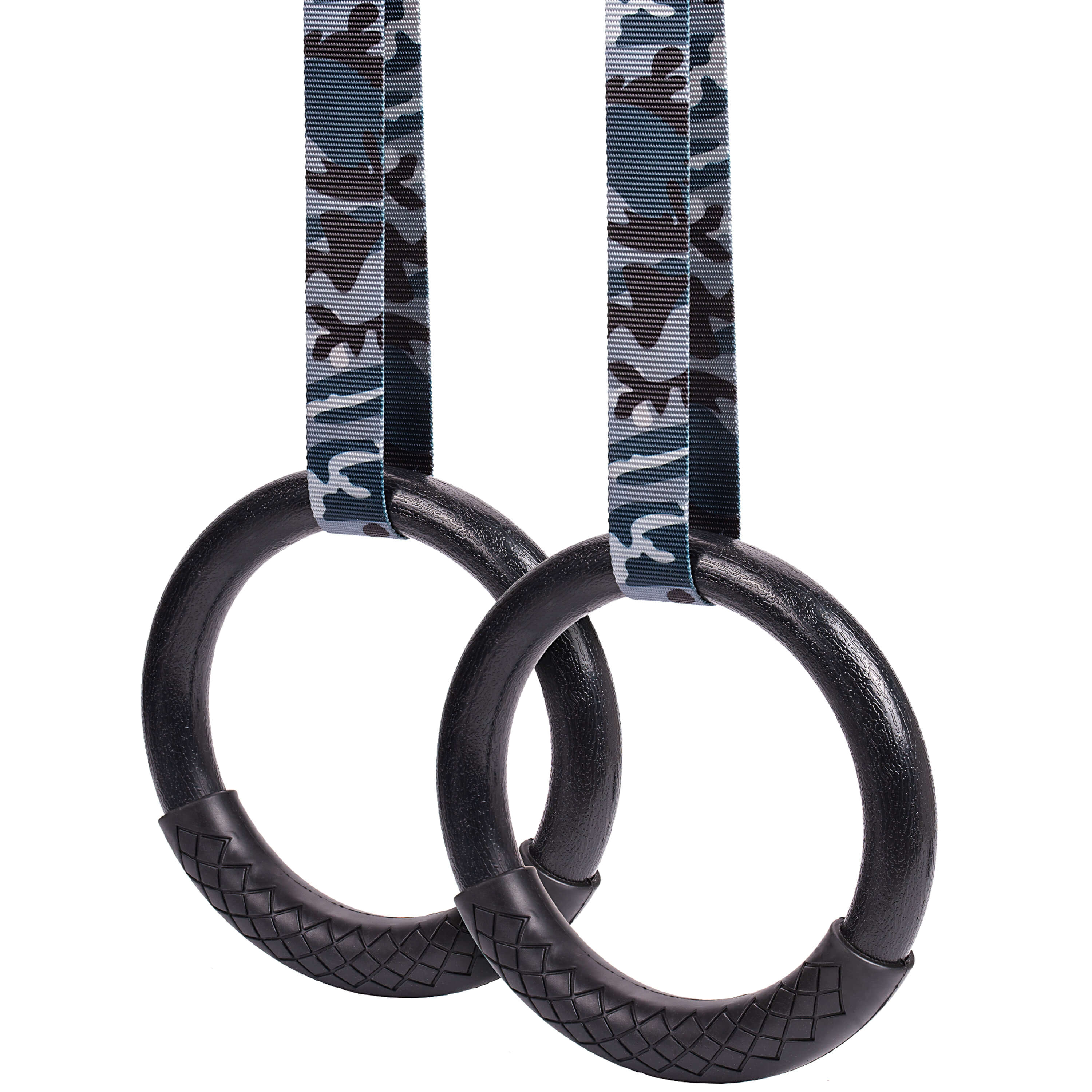 Outdoor gymnastics rings by Atomic Iron with grey camouflage straps