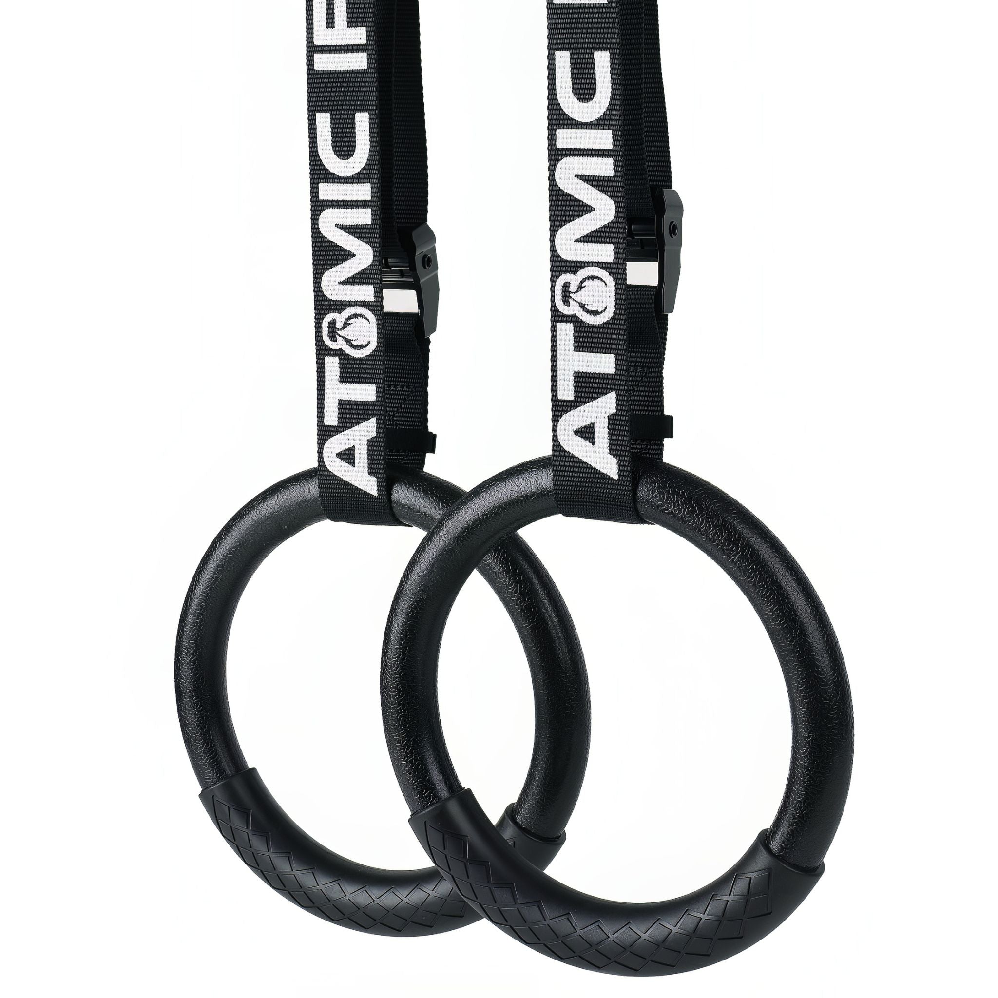 Atomic iron premium outdoor gymnastic rings set with black adjustable straps