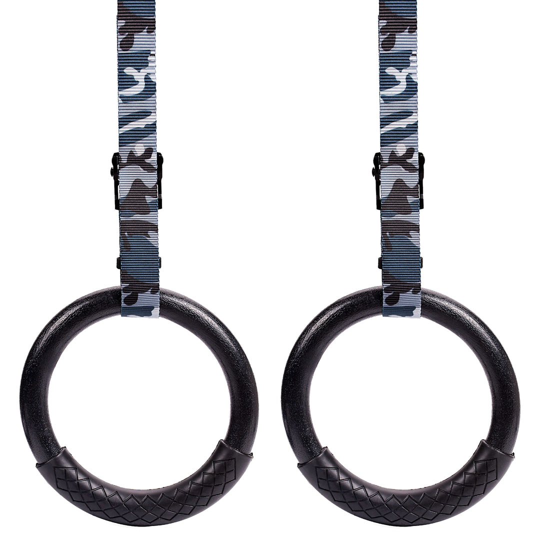 Atomic Iron premium outdoor gymnastic rings with adjustable straps in grey camo