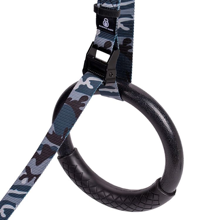 Atomic Iron waterproof gymnastic rings with grey camo straps