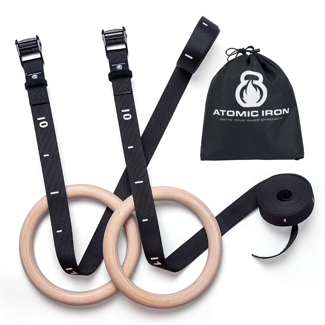 Atomic Iron gymnastic rings with adjustable straps numbered
