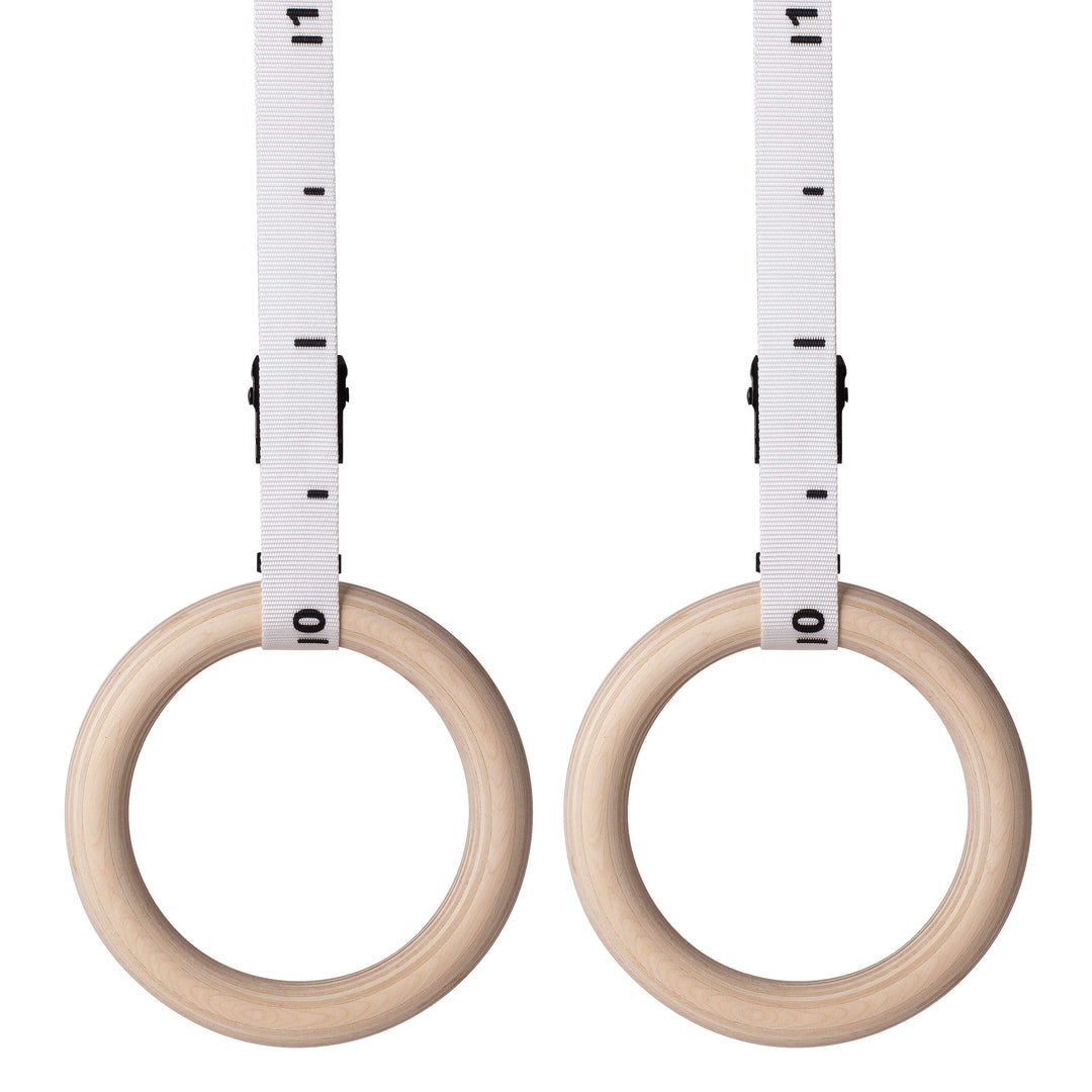 Calisthenics rings with white numbered straps Atomic Iron