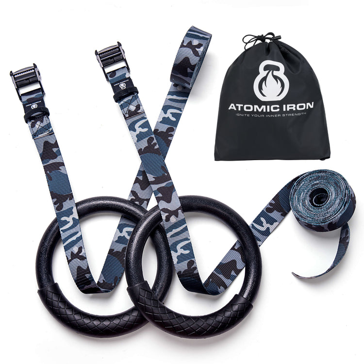 Premium outdoor gym rings with adjustable straps in grey camouflage by Atomic Iron