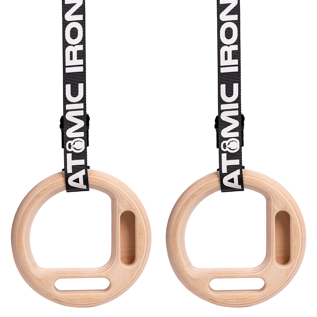 rock climbing rings with adjustable straps in black by atomic iron