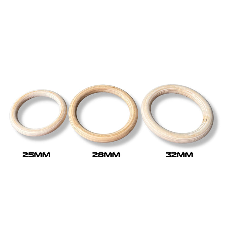 25mm, 28mm and 32mm wood gymnastic rings by Atomic Iron