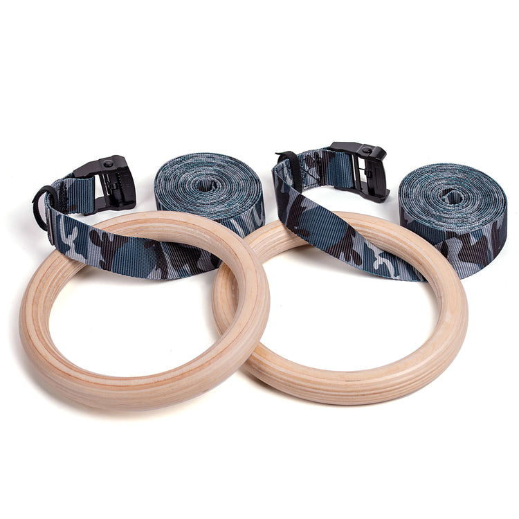 Atomic Iron gymnastics rings with adjustable straps in grey camouflage