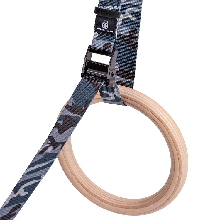 Atomic Iron calisthenics rings with adjustable straps in grey camo