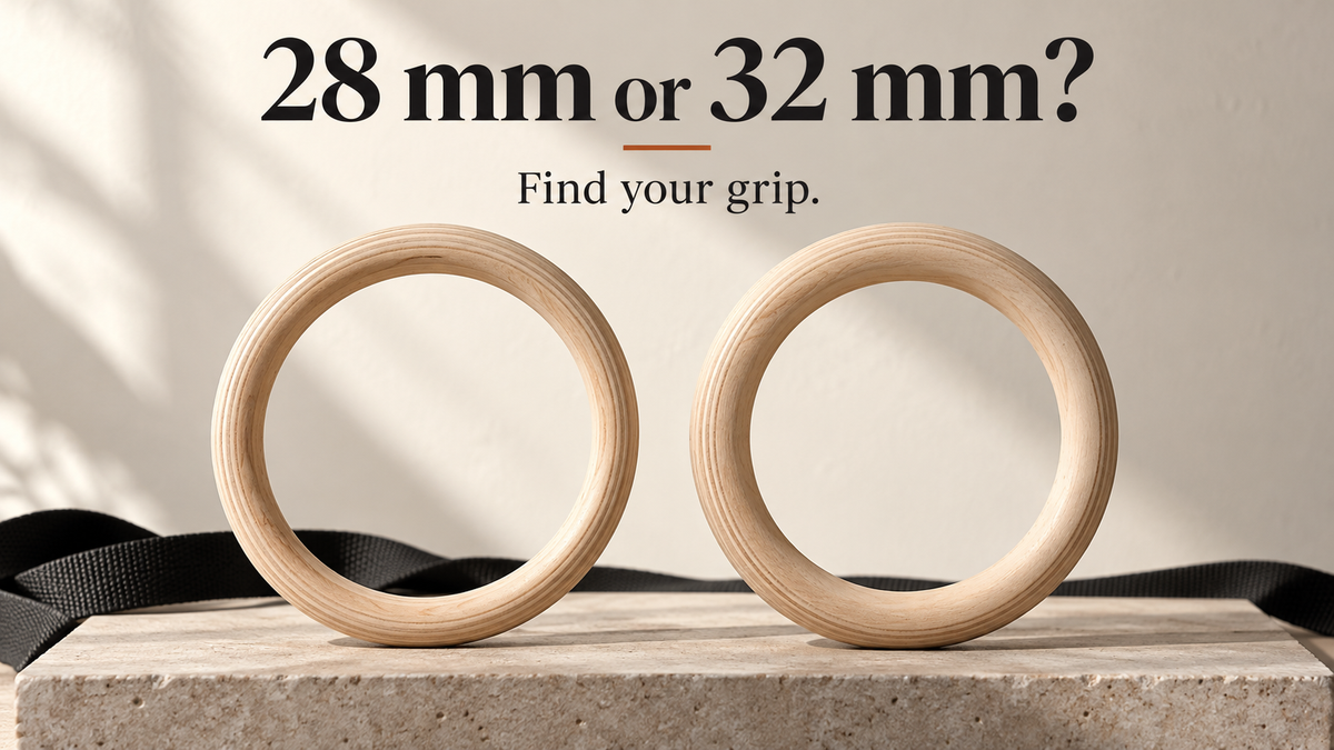 Two wooden gymnastic rings with slimmer and fuller grips beneath the heading 28 mm or 32 mm — Find your grip. Illustrative header image.