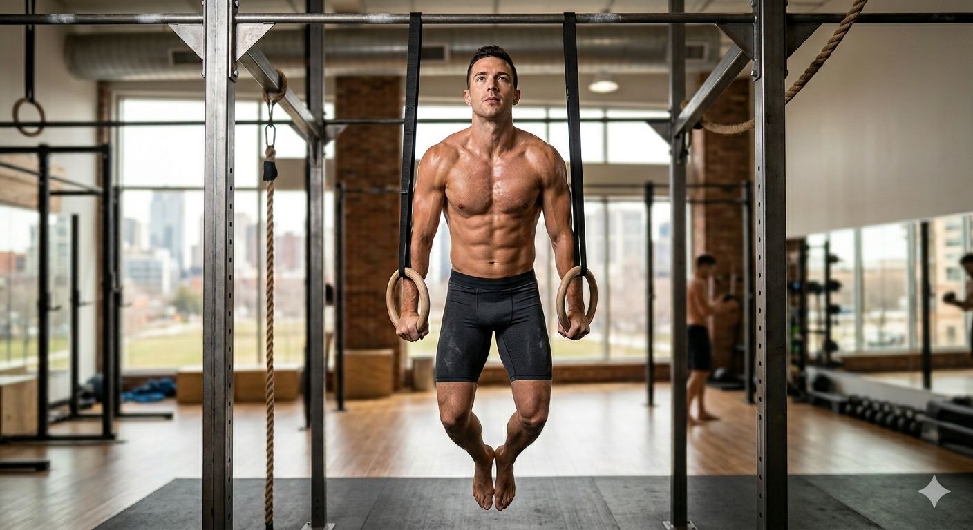 Clean, aspirational, strong sports trainer performing a gymnastic rings dip in a city gym