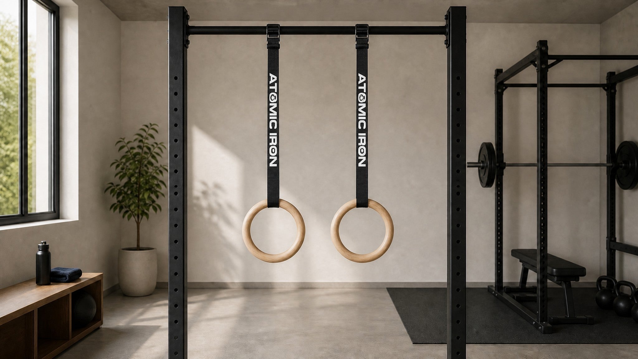 Atomic Iron gymnastic rings hanging from pull up bar in home gym