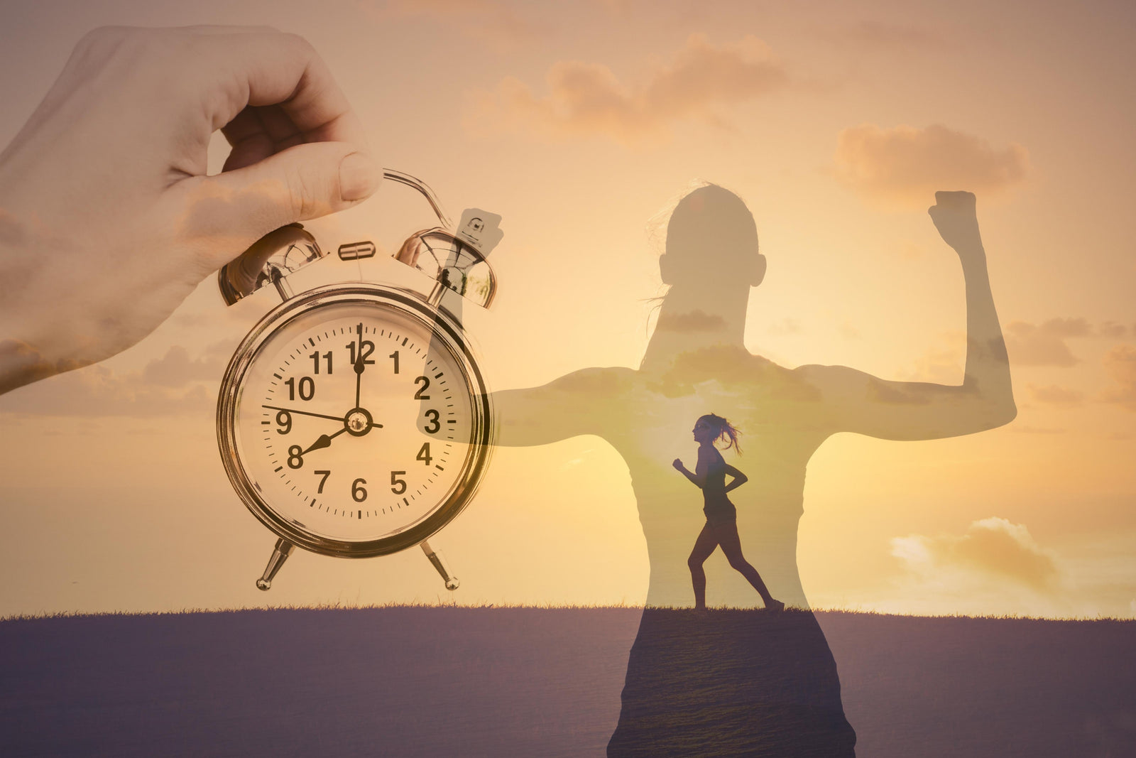 Woman running, man standing in strength, clock showing time