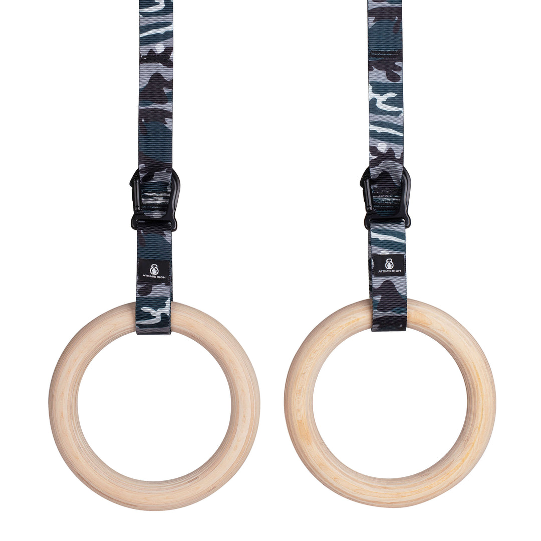 Wood Gymnastic Rings with Carabiners (Grey Camo)