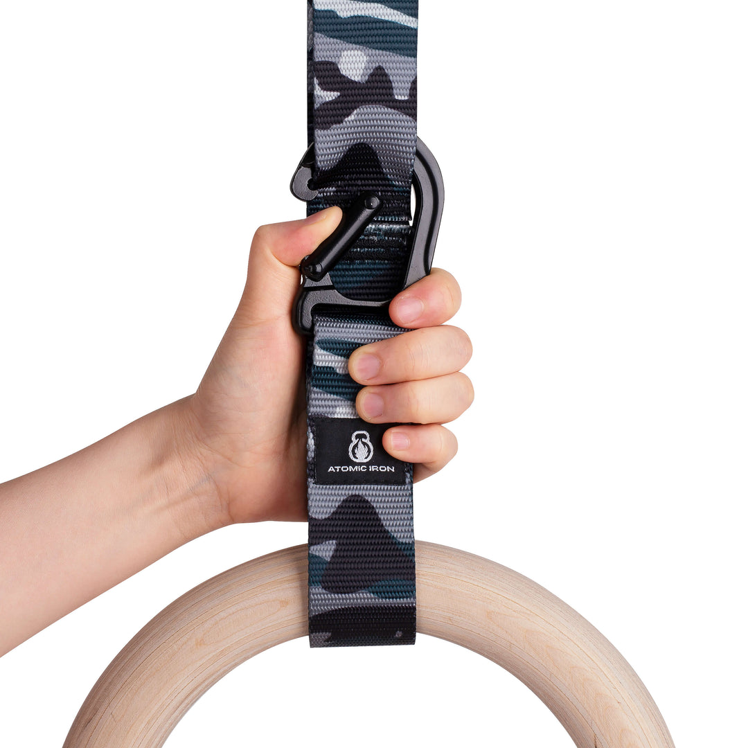 Wood Gymnastic Rings with Carabiners (Grey Camo)