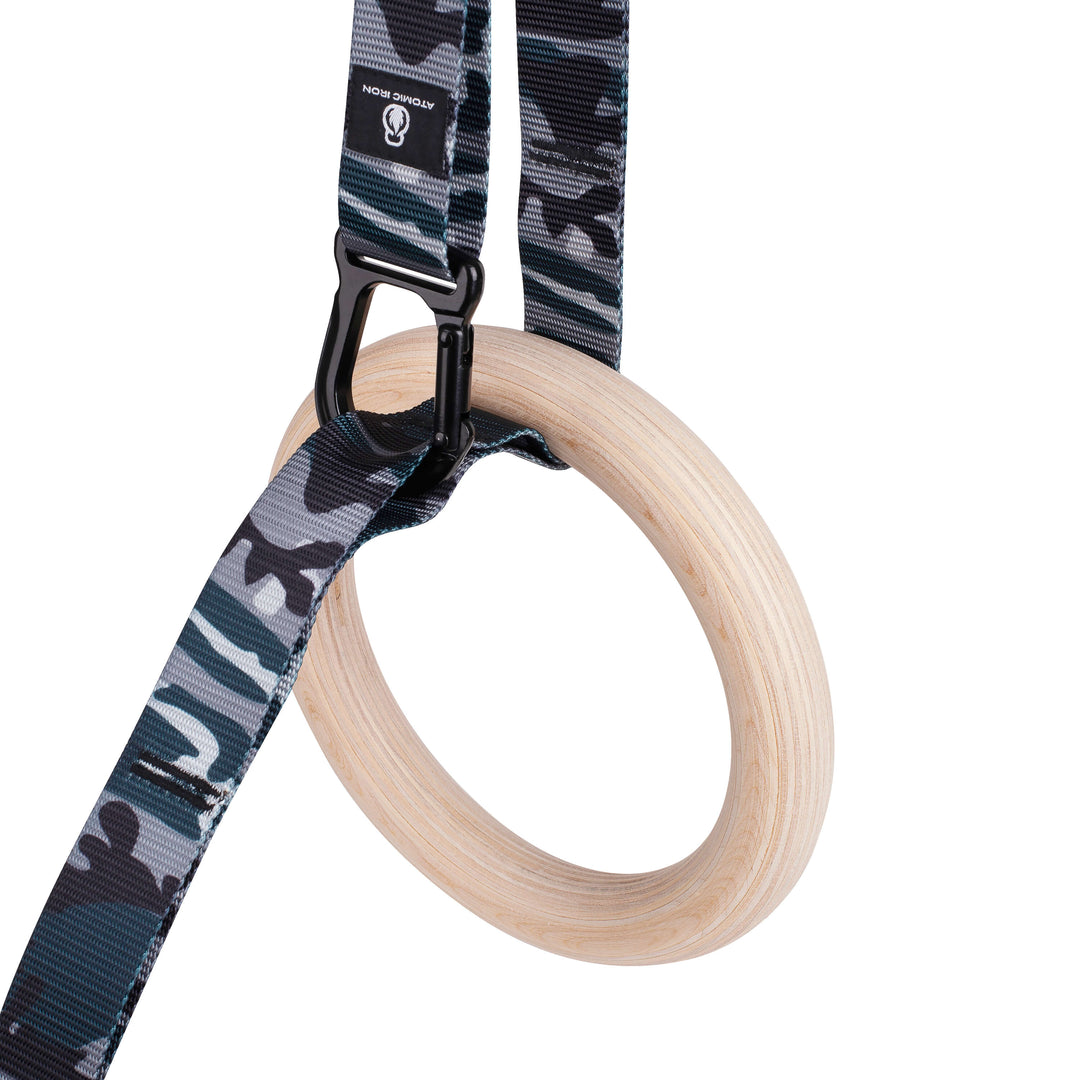 Wood Gymnastic Rings with Carabiners (Grey Camo)