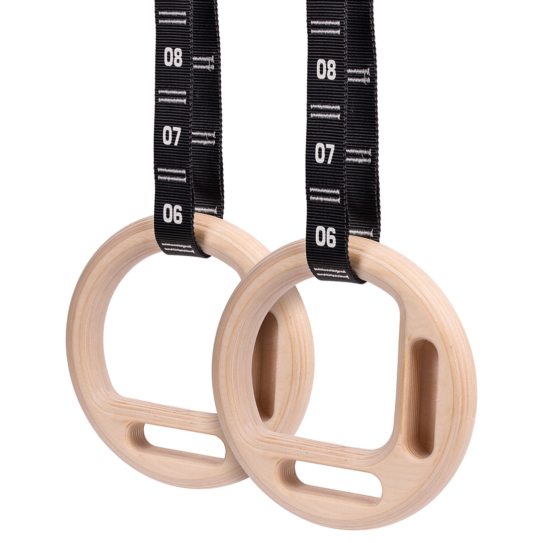 Hangboard rings with numbered carabiner straps by Atomic Iron