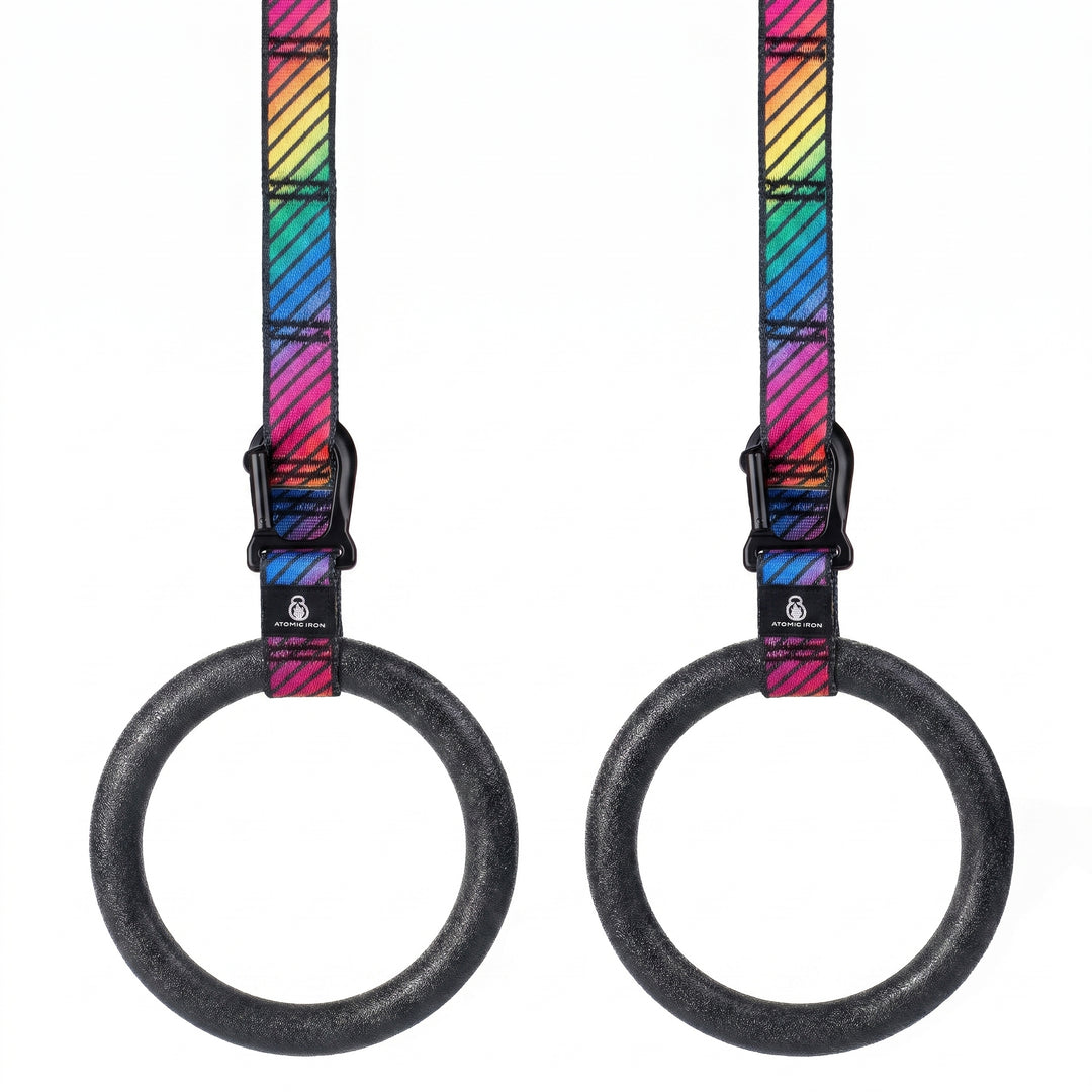 Atomic Iron kids Outdoor gymnastic rings with rainbow carabiner straps