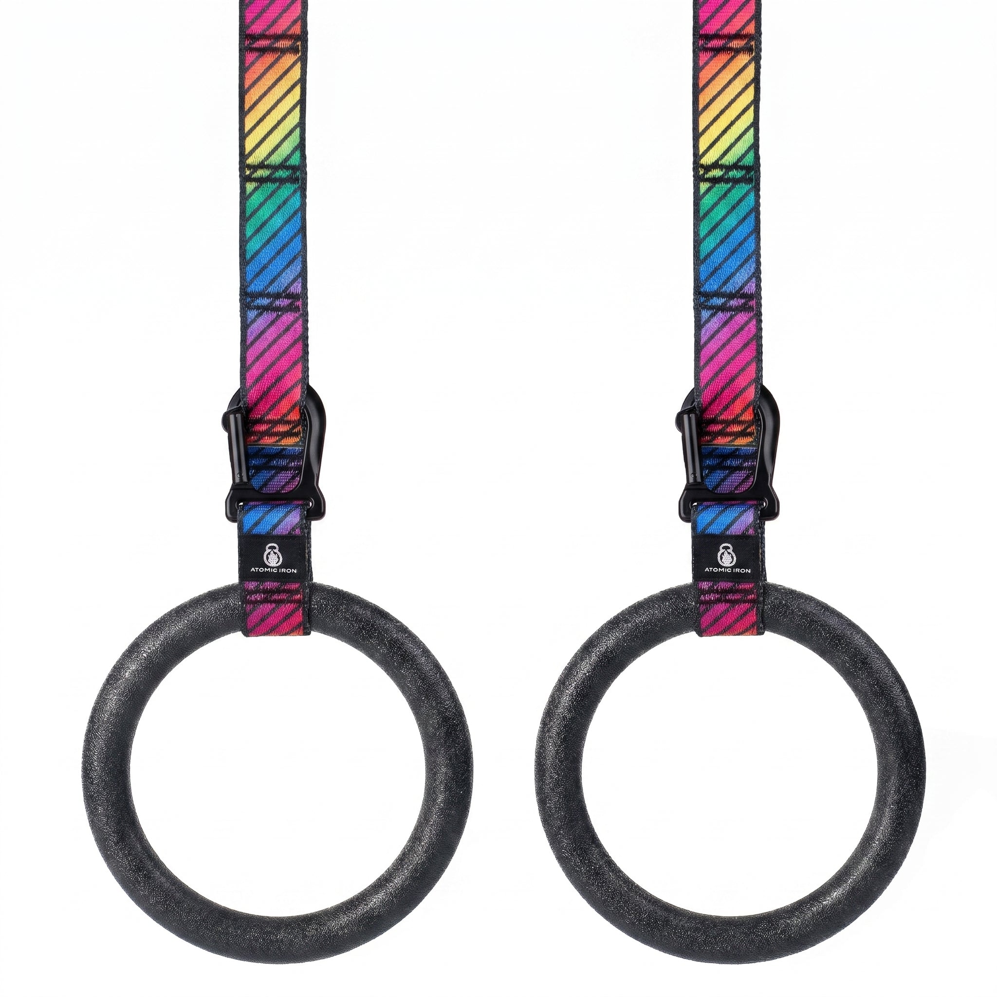 Atomic Iron kids Outdoor gymnastic rings with rainbow carabiner straps