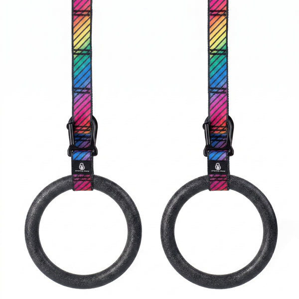 Atomic Iron kids Outdoor gymnastic rings with rainbow carabiner straps