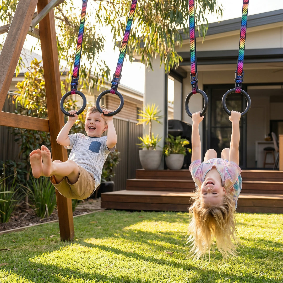 Children playing in an Australian backyard on Atomic Iron kids outdoor gymnastic rings