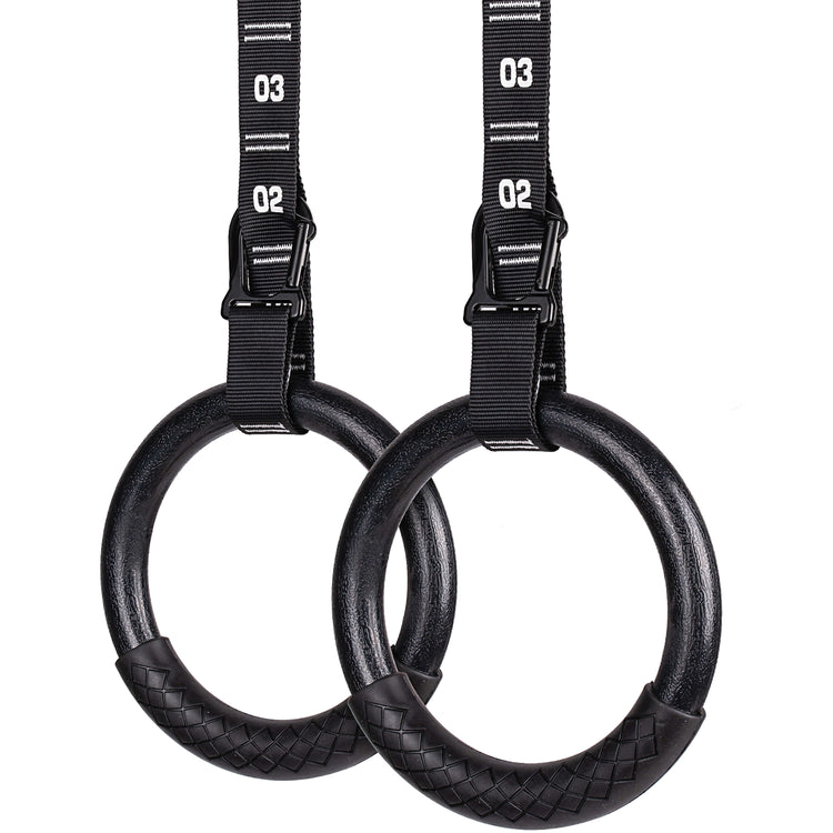 Premium outdoor gymnastic rings with numbered carabiner straps by Atomic Iron