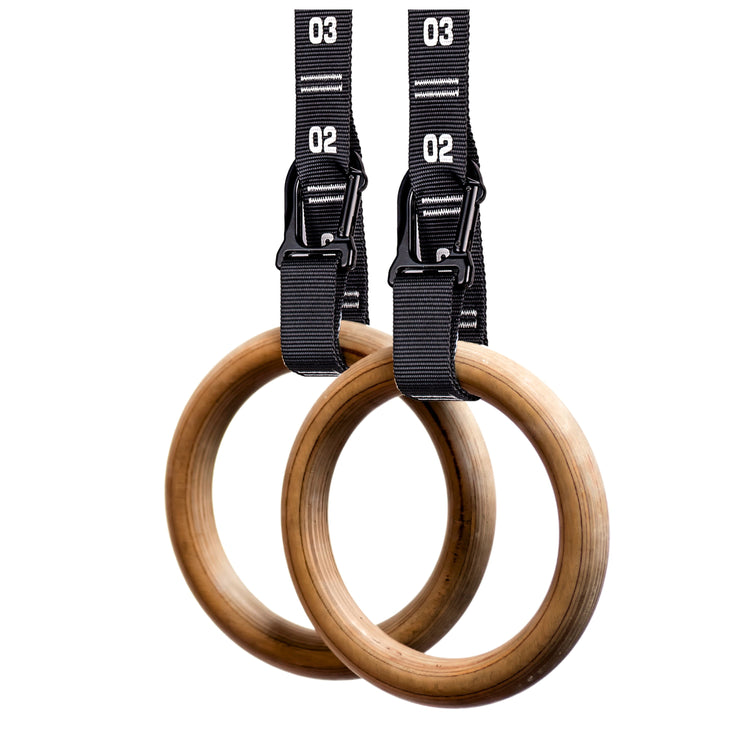 Atomic Iron gymnastic rings with carabiner numbered straps