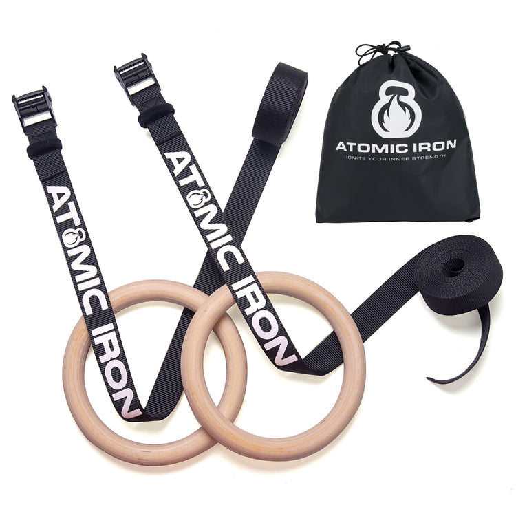 gym rings with black straps by Atomic Iron