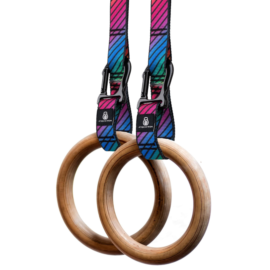 Wood Gymnastic Rings with Carabiners (Rainbow)